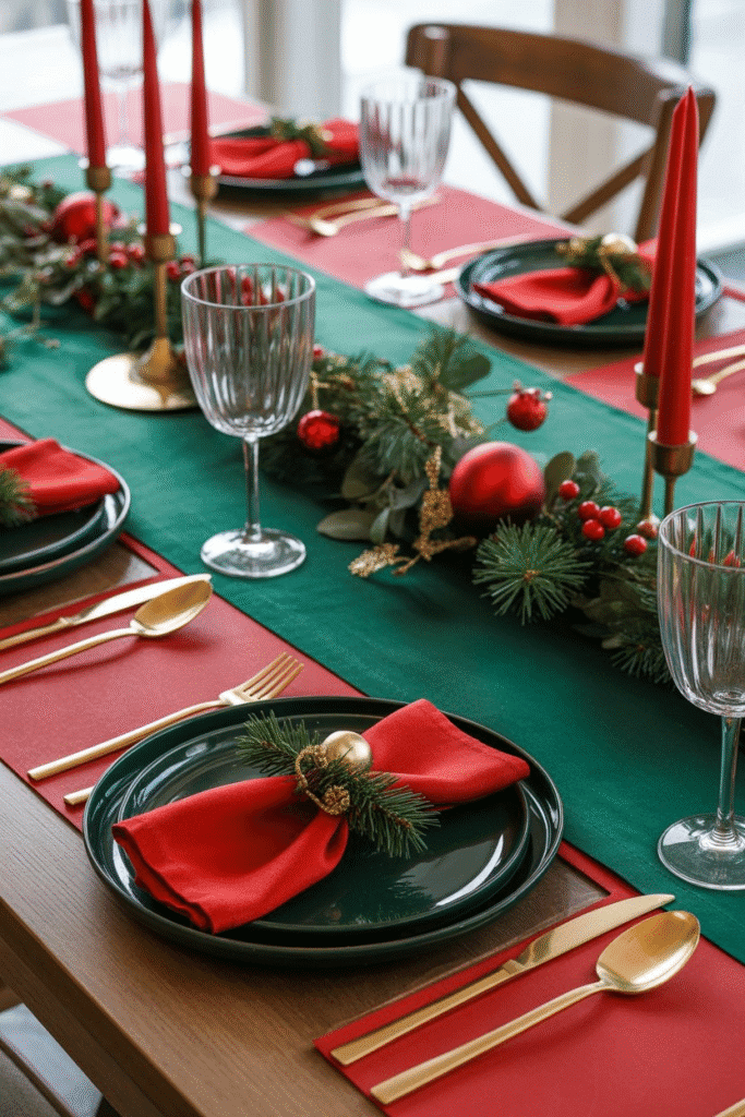Classic Christmas dinner table setting with red and green décor and gold accents.