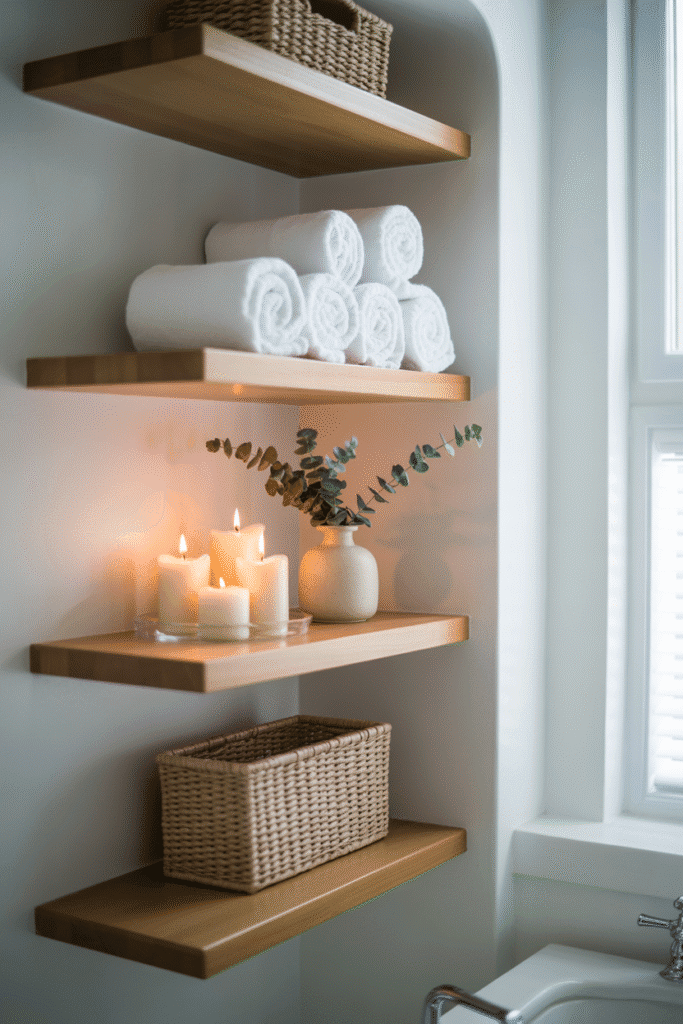 Bathroom with minimalist open shelving and natural decor.