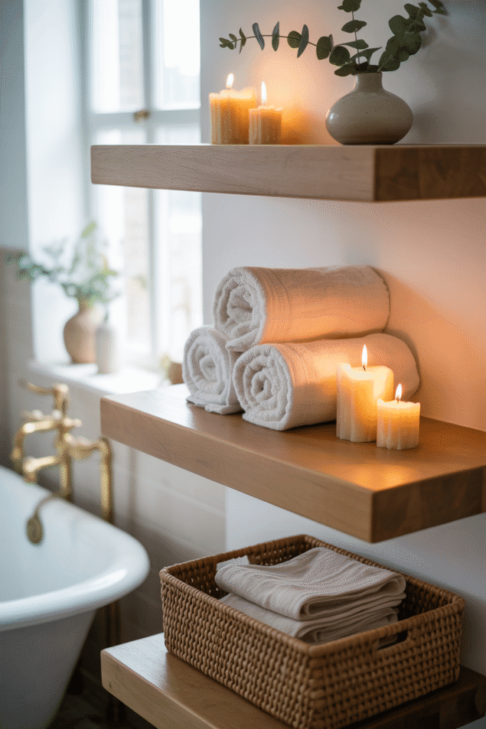 Bathroom with minimalist open shelving and natural decor.