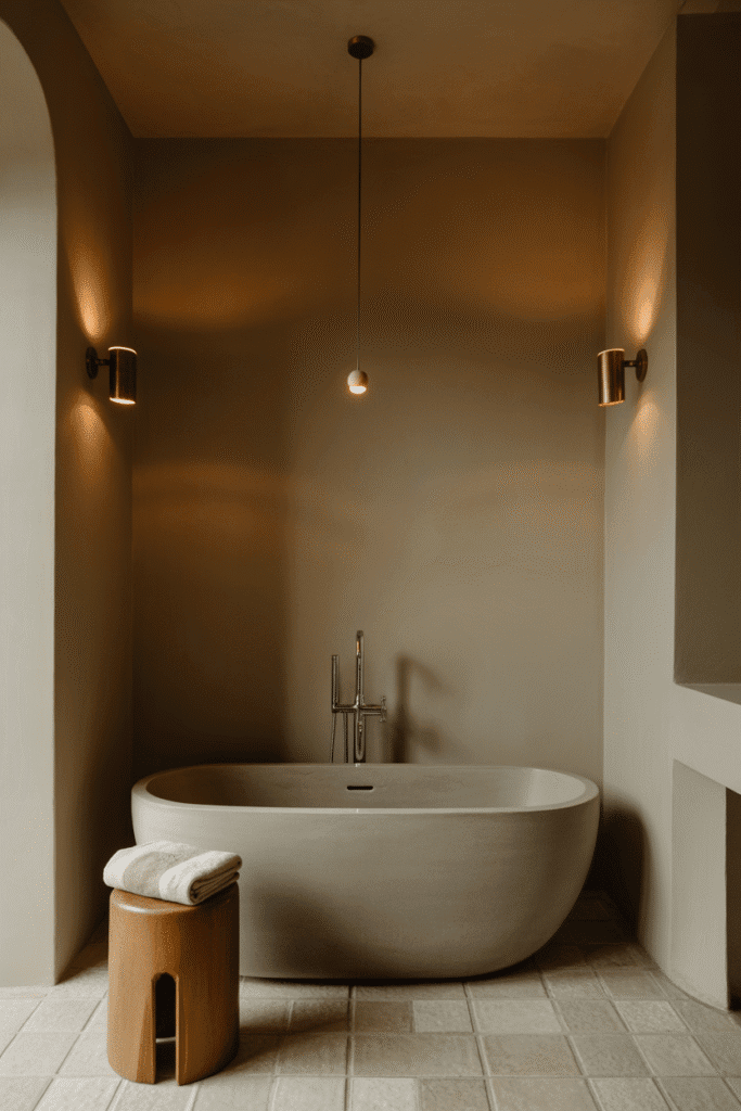 Organic modern bathroom with soft ambient lighting.