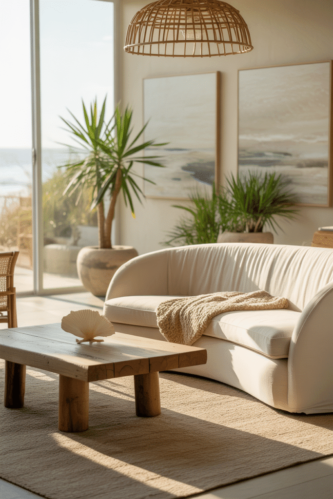 Organic modern beach house living room with linen sofa, jute rugs, wood coffee table, rattan lighting, and large windows overlooking the ocean
