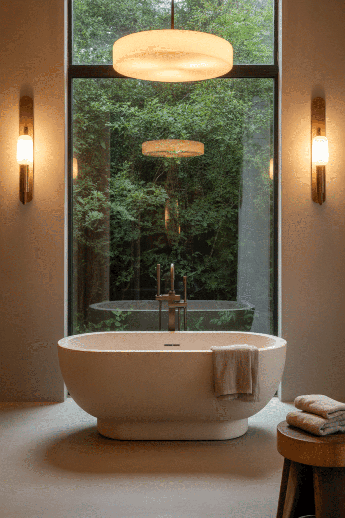 Organic modern bathroom with soft ambient lighting.