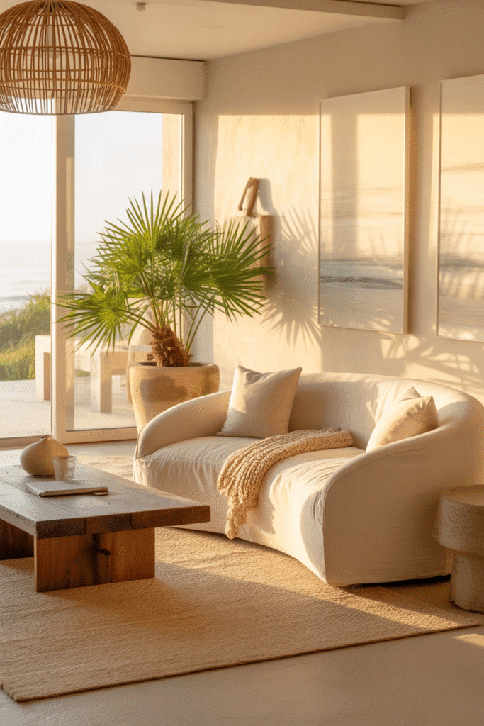 Organic modern beach house living room with linen sofa, jute rugs, wood coffee table, rattan lighting, and large windows overlooking the ocean