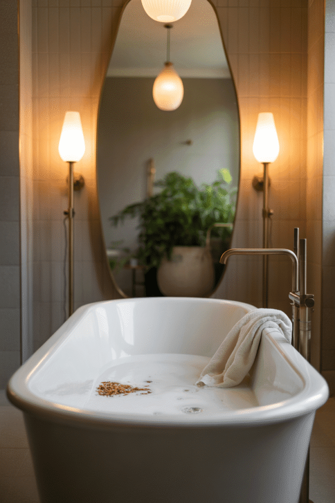 Organic modern bathroom with soft ambient lighting.