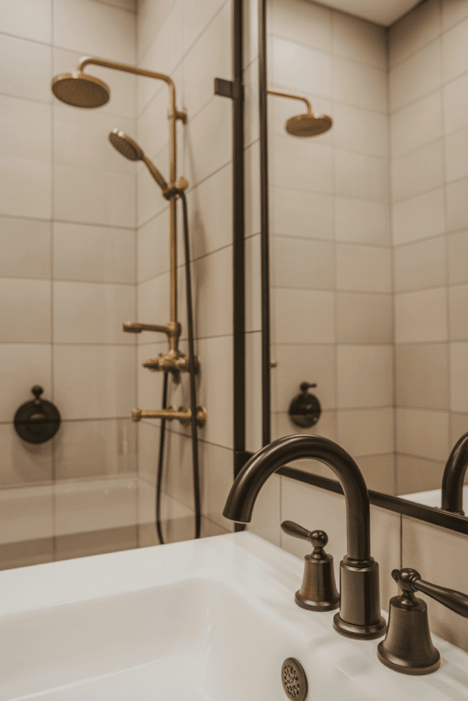 Bathroom with matte black and brushed brass modern fixtures.