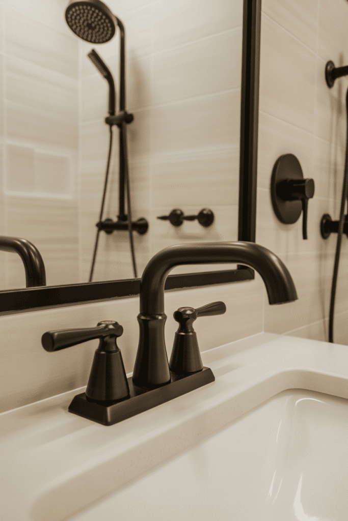 Bathroom with matte black and brushed brass modern fixtures.