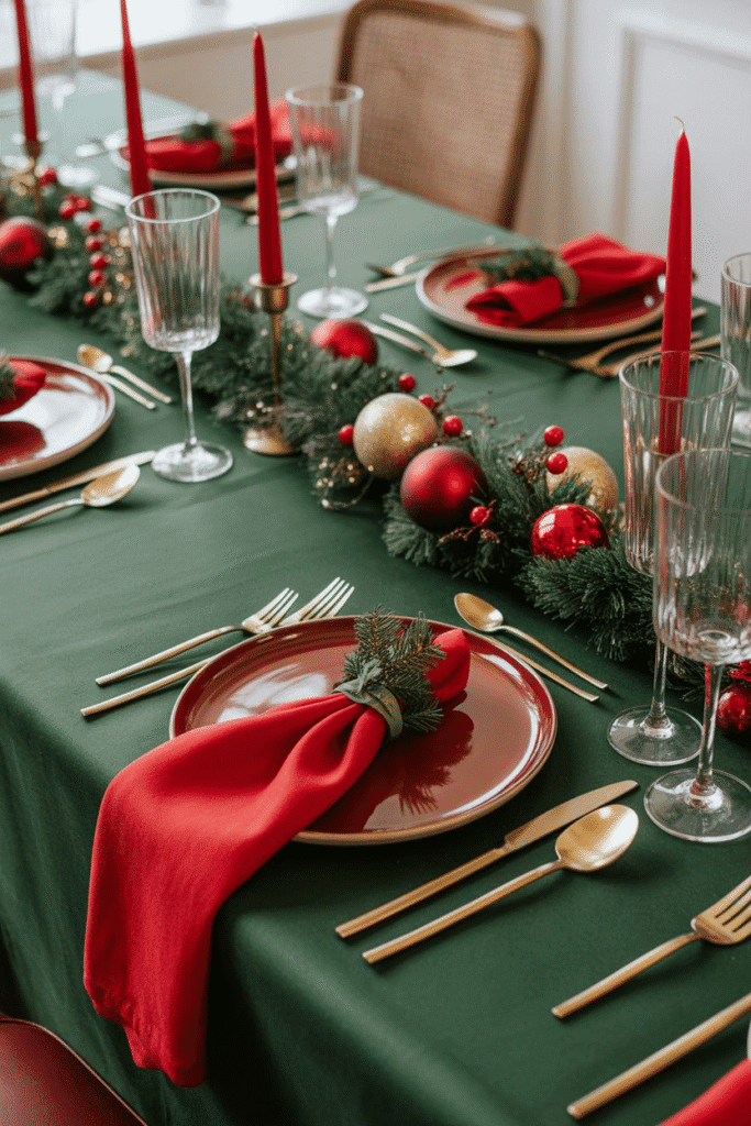 Classic Christmas dinner table setting with red and green décor and gold accents.