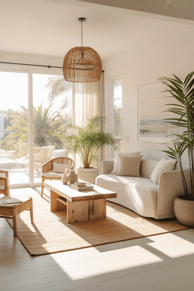 Organic modern beach house living room with linen sofa, jute rugs, wood coffee table, rattan lighting, and large windows overlooking the ocean