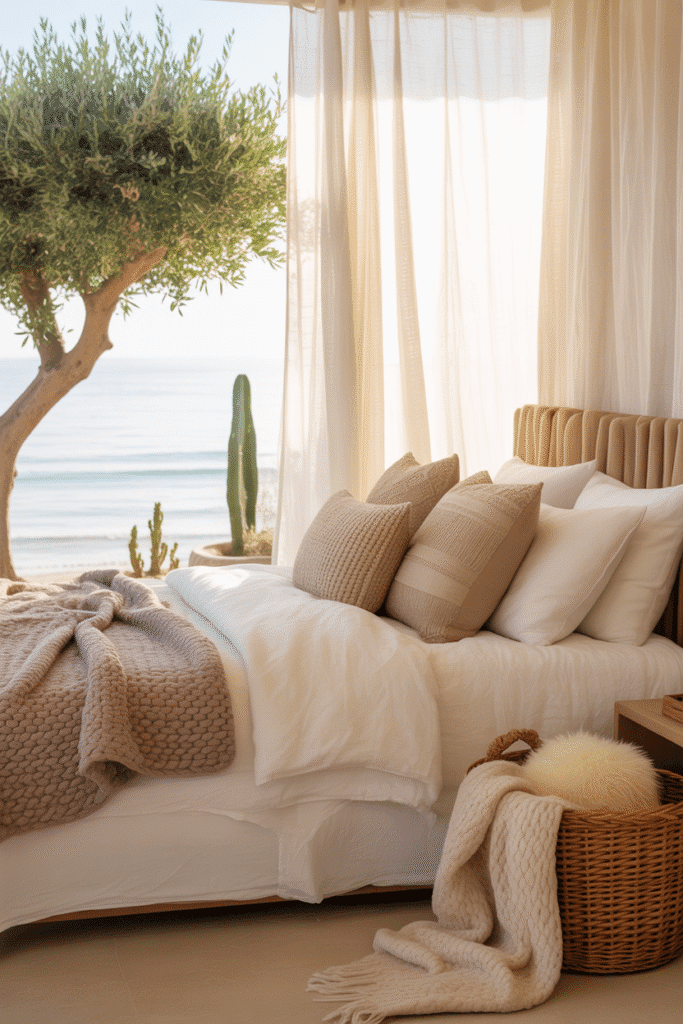 Organic modern beach house bedroom with linen bedding, rattan lighting, wood accents, and indoor plants near breezy curtains.