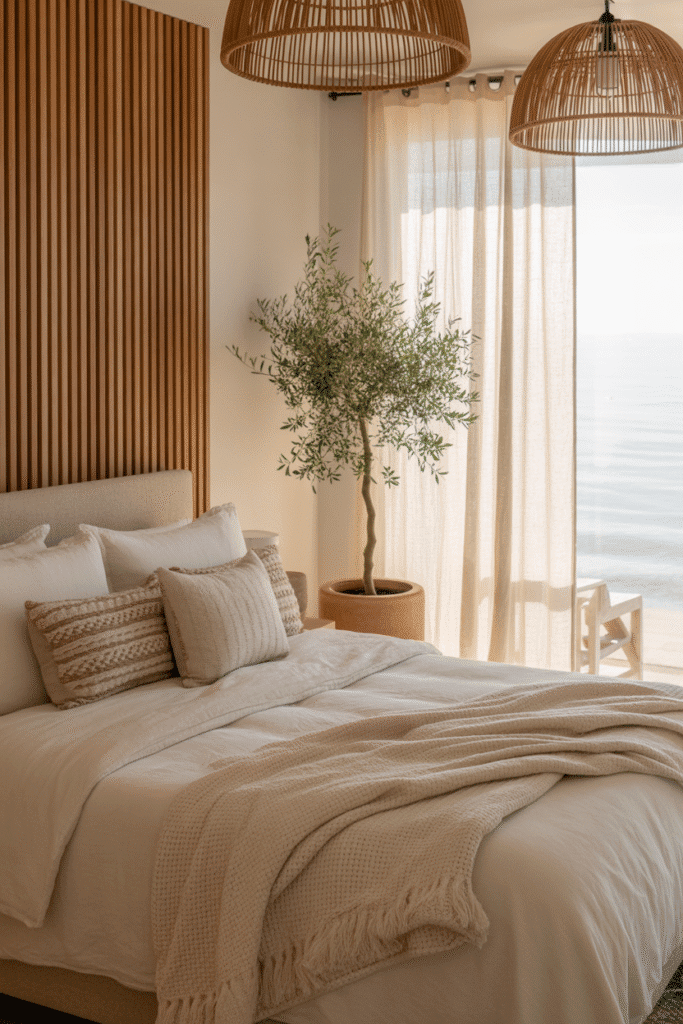 Organic modern beach house bedroom with linen bedding, rattan lighting, wood accents, and indoor plants near breezy curtains.