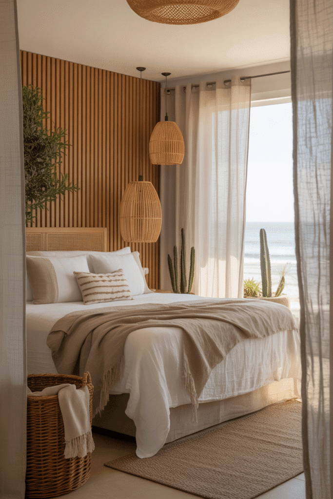Organic modern beach house bedroom with linen bedding, rattan lighting, wood accents, and indoor plants near breezy curtains.