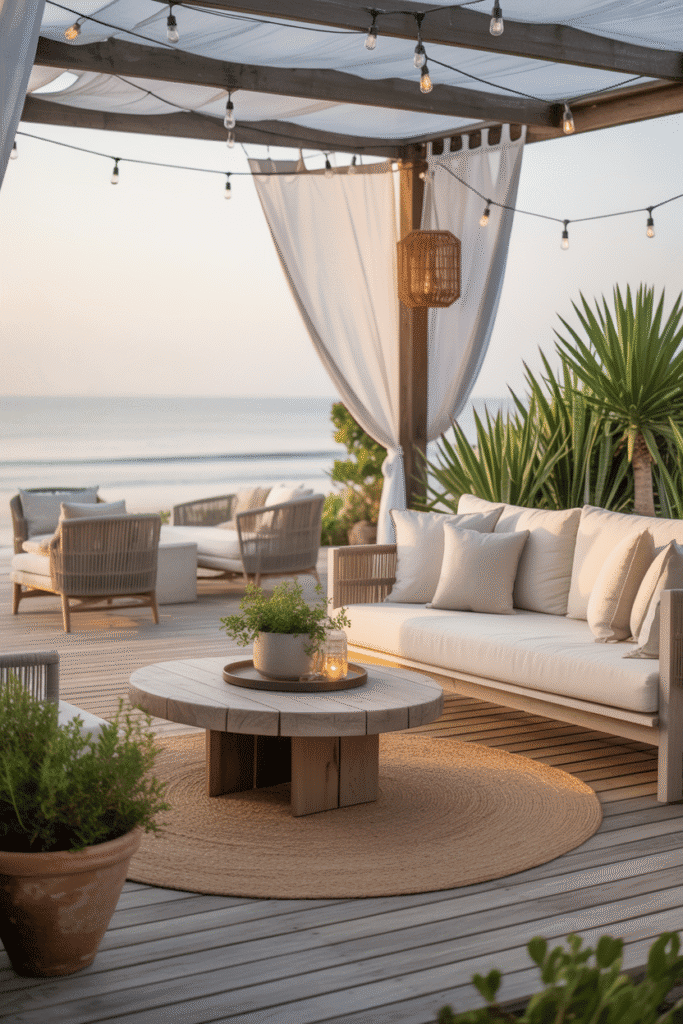Organic modern outdoor beach house patio with wooden deck, linen sofas, rattan chairs, lanterns, and ocean view at sunset.