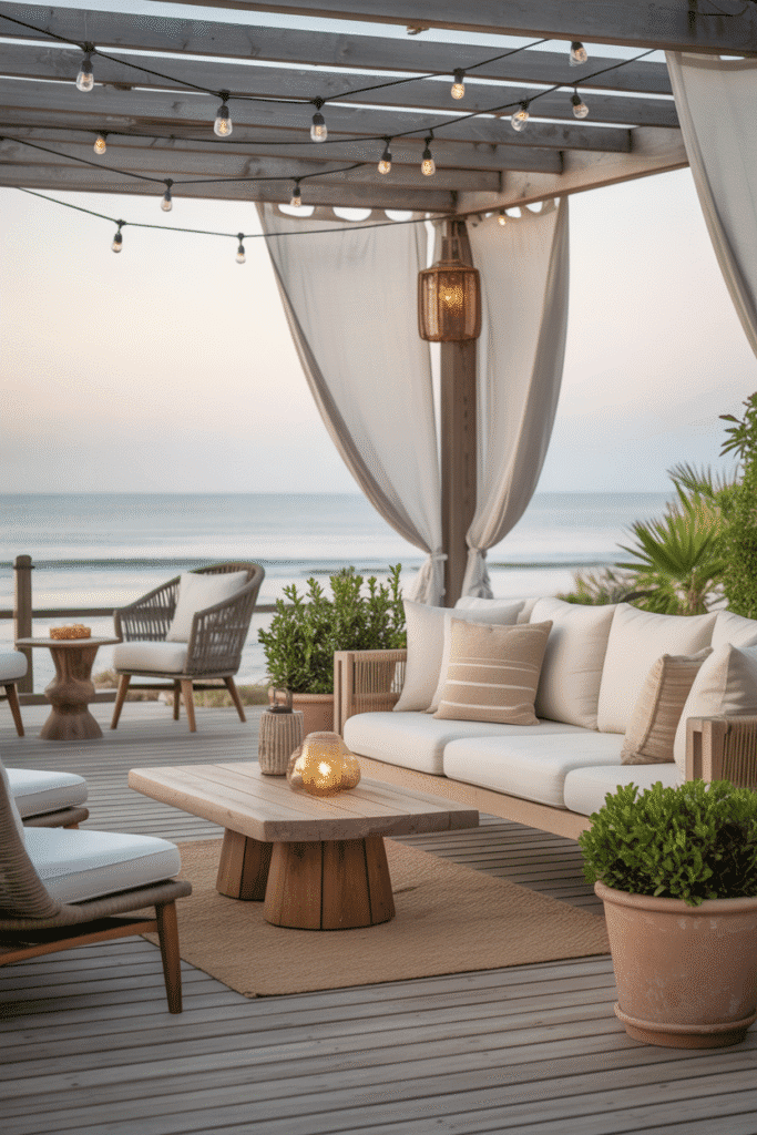 Organic modern outdoor beach house patio with wooden deck, linen sofas, rattan chairs, lanterns, and ocean view at sunset.