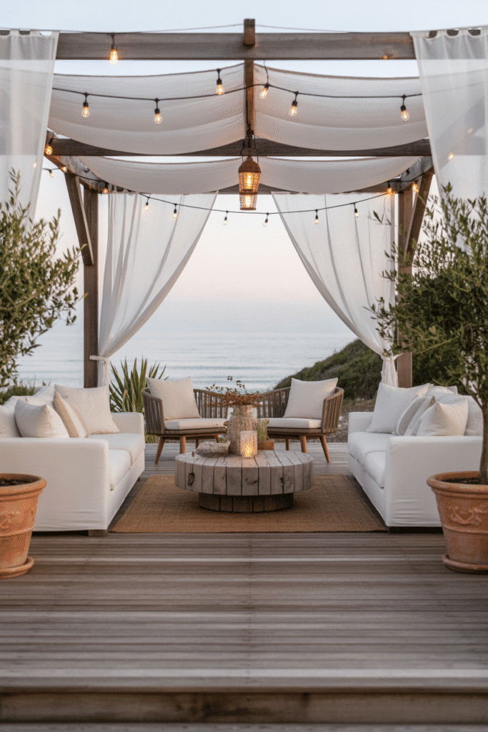 Organic modern outdoor beach house patio with wooden deck, linen sofas, rattan chairs, lanterns, and ocean view at sunset.