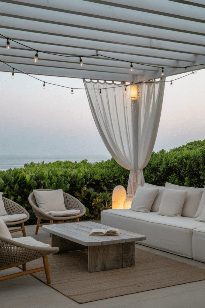 Organic modern outdoor beach house patio with wooden deck, linen sofas, rattan chairs, lanterns, and ocean view at sunset.