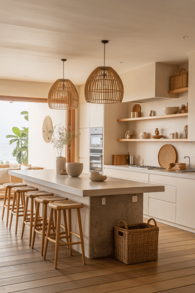 Organic modern kitchen in a beach house with stone island, rattan pendant lights, wooden stools, and minimalist open shelving.