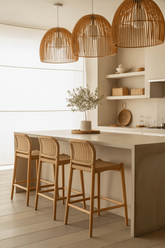Organic modern kitchen in a beach house with stone island, rattan pendant lights, wooden stools, and minimalist open shelving.