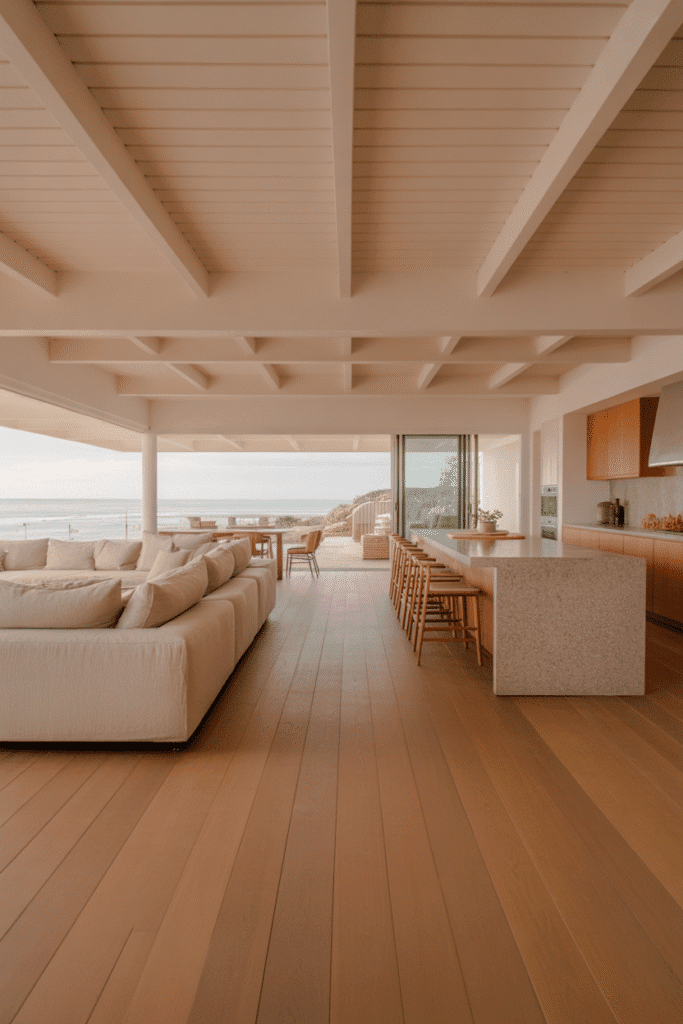 Open-concept organic modern beach house interior connecting kitchen, dining, and living room.