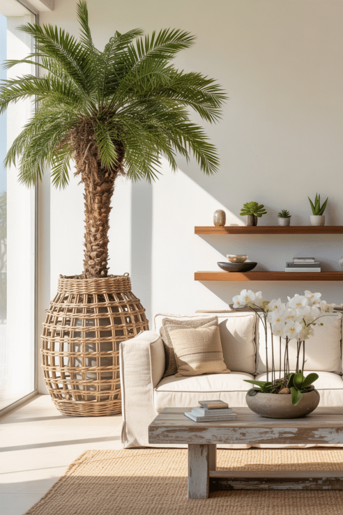 Organic modern living room with indoor plants like palms, olive trees, and succulents in natural baskets and planters.