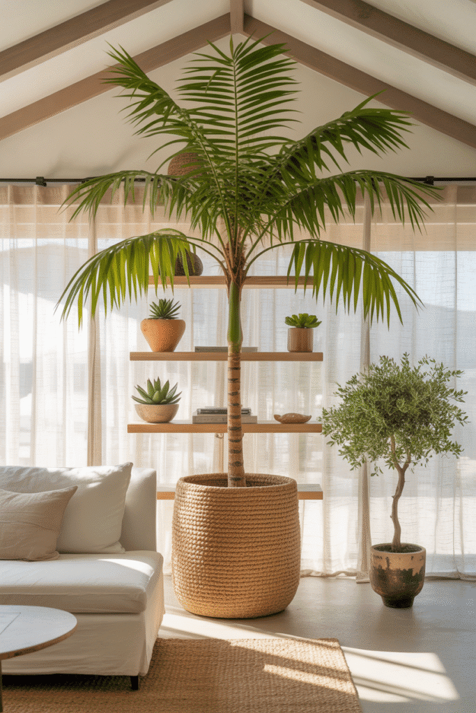 Organic modern living room with indoor plants like palms, olive trees, and succulents in natural baskets and planters.
