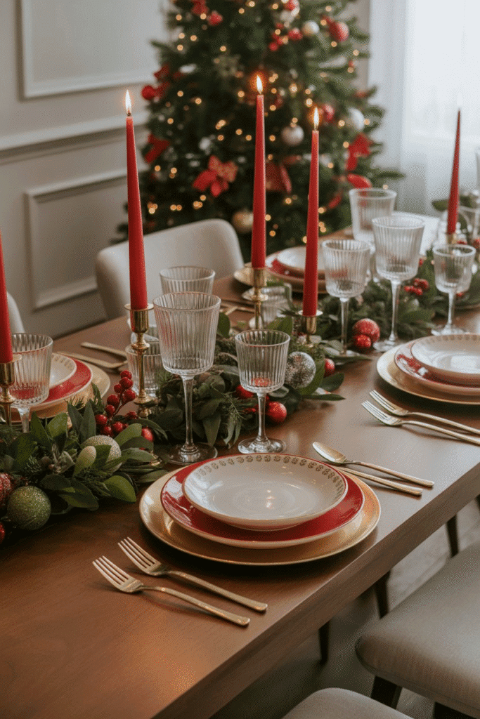 Classic Christmas dinner table setting with red and green décor and gold accents.