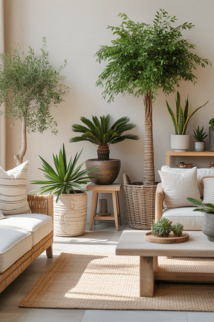 Organic modern living room with indoor plants like palms, olive trees, and succulents in natural baskets and planters.