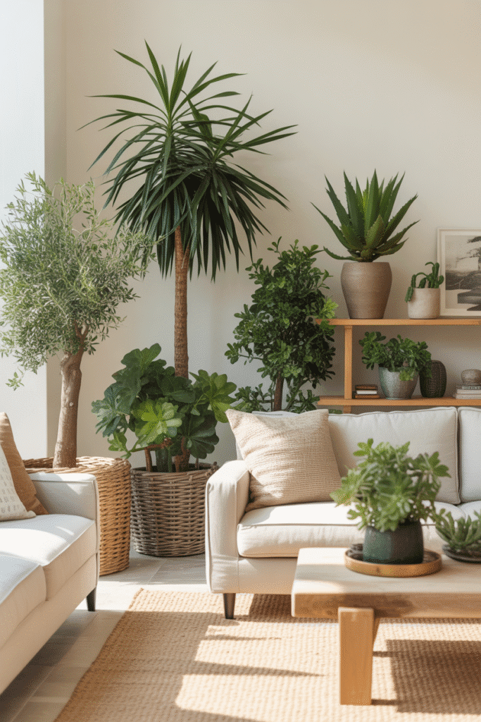 Organic modern living room with indoor plants like palms, olive trees, and succulents in natural baskets and planters.