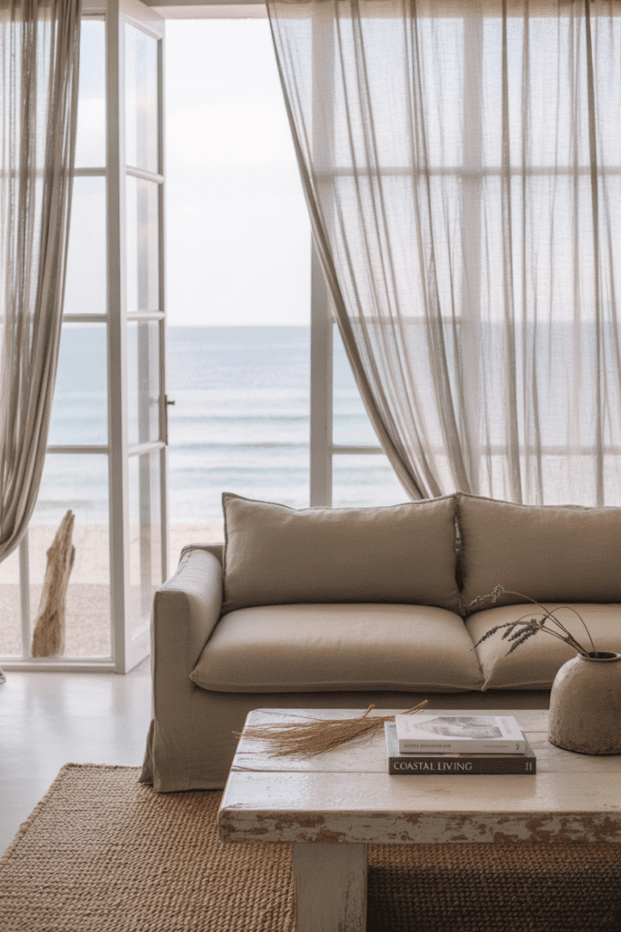 Beach house living room with large windows overlooking the ocean and organic modern neutral decor.