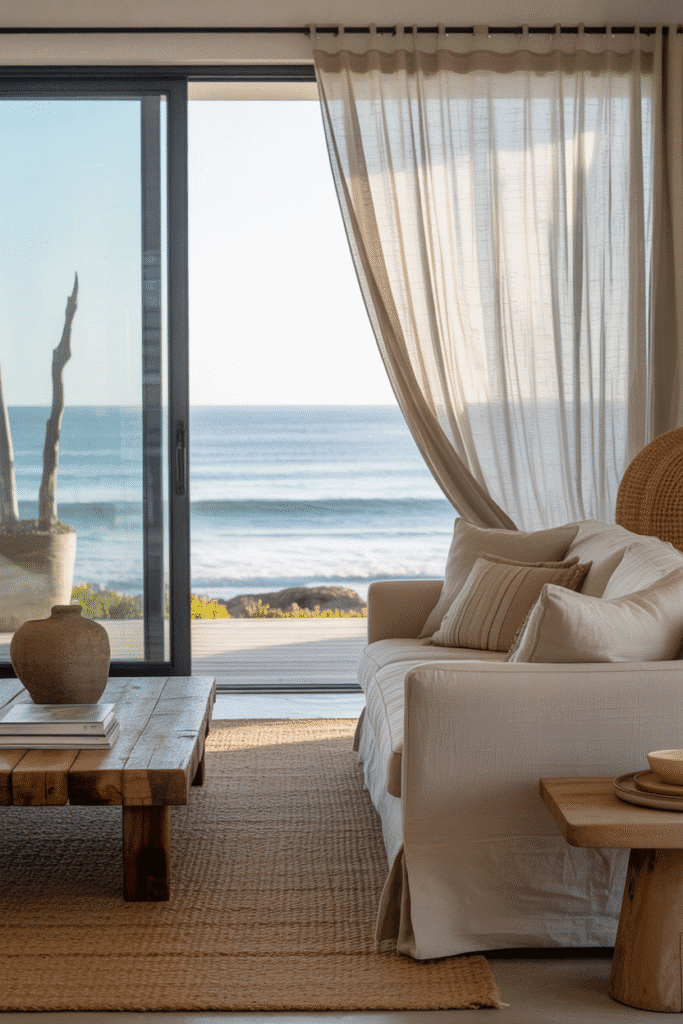 Beach house living room with large windows overlooking the ocean and organic modern neutral decor.