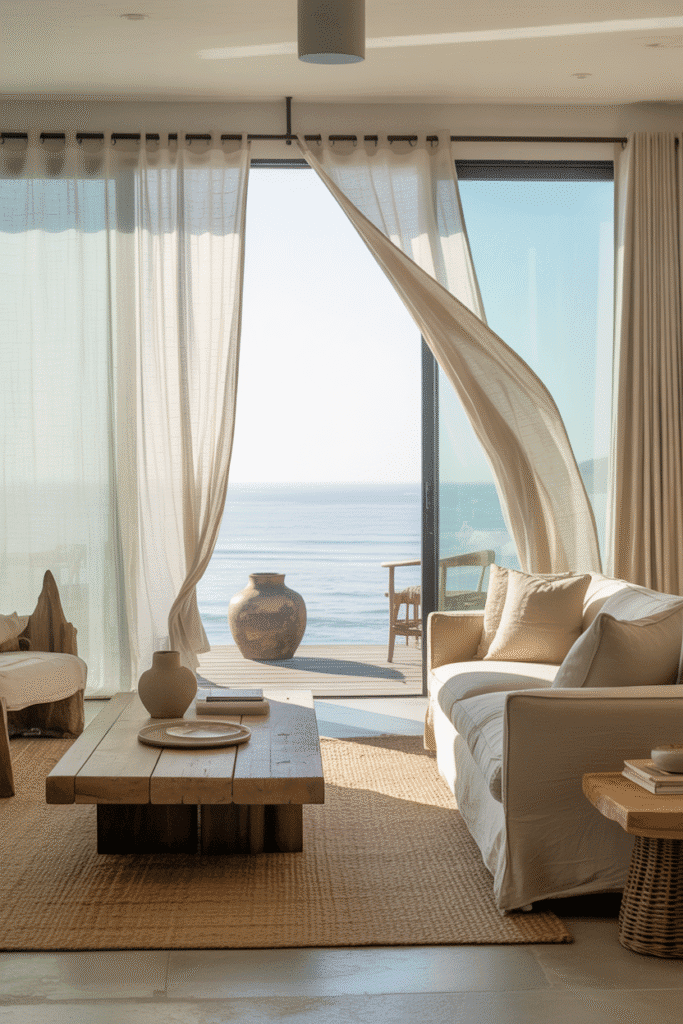 Beach house living room with large windows overlooking the ocean and organic modern neutral decor.