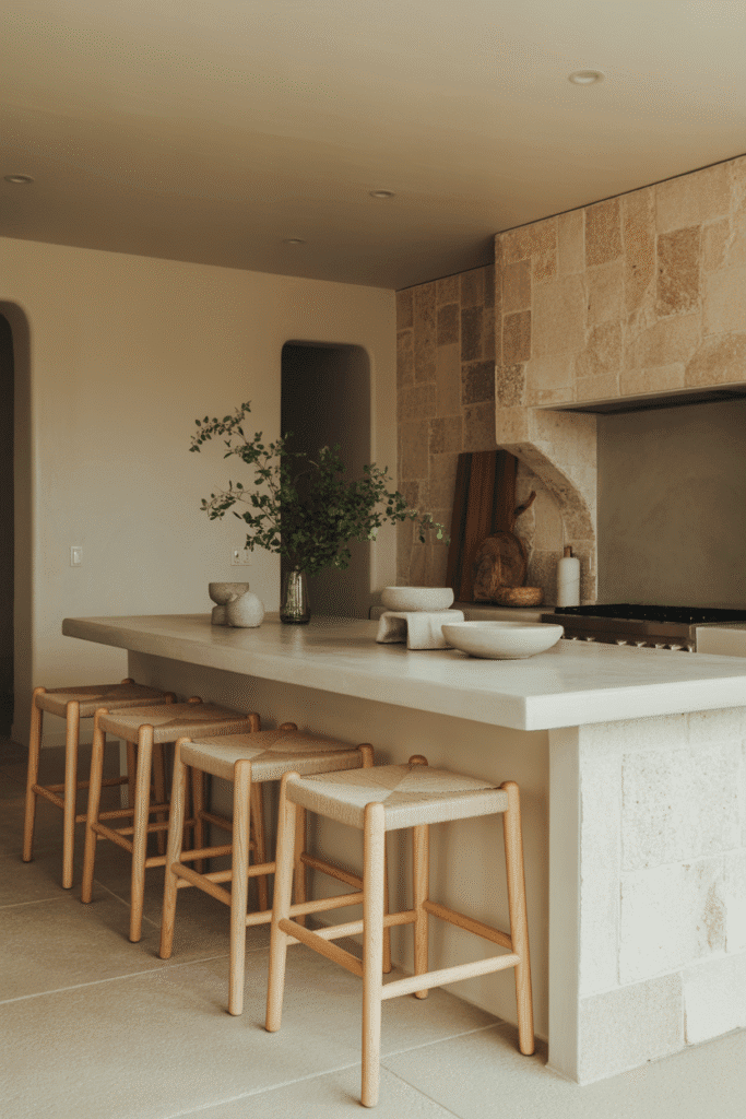 Organic modern beach house kitchen with concrete counters, travertine flooring, and stone accent wall.