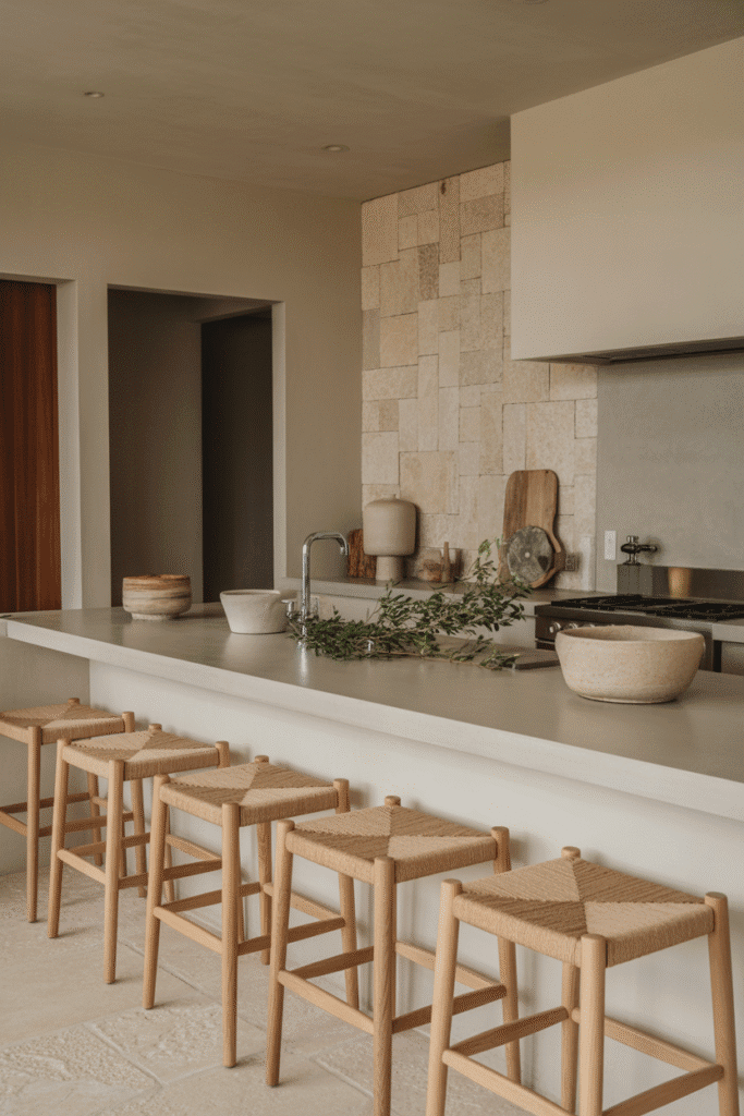 Organic modern beach house kitchen with concrete counters, travertine flooring, and stone accent wall.