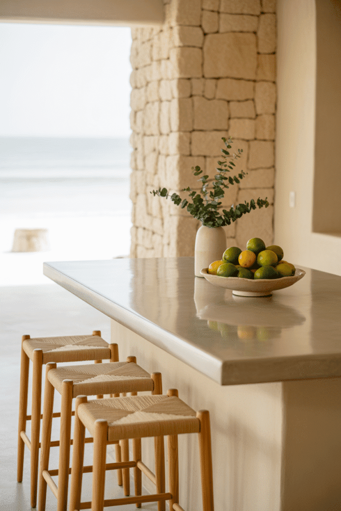 Organic modern beach house kitchen with concrete counters, travertine flooring, and stone accent wall.