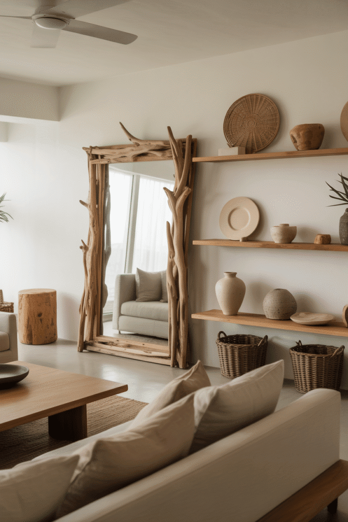 Minimalist organic modern living room with driftwood mirror, pottery, and neutral furnishings.