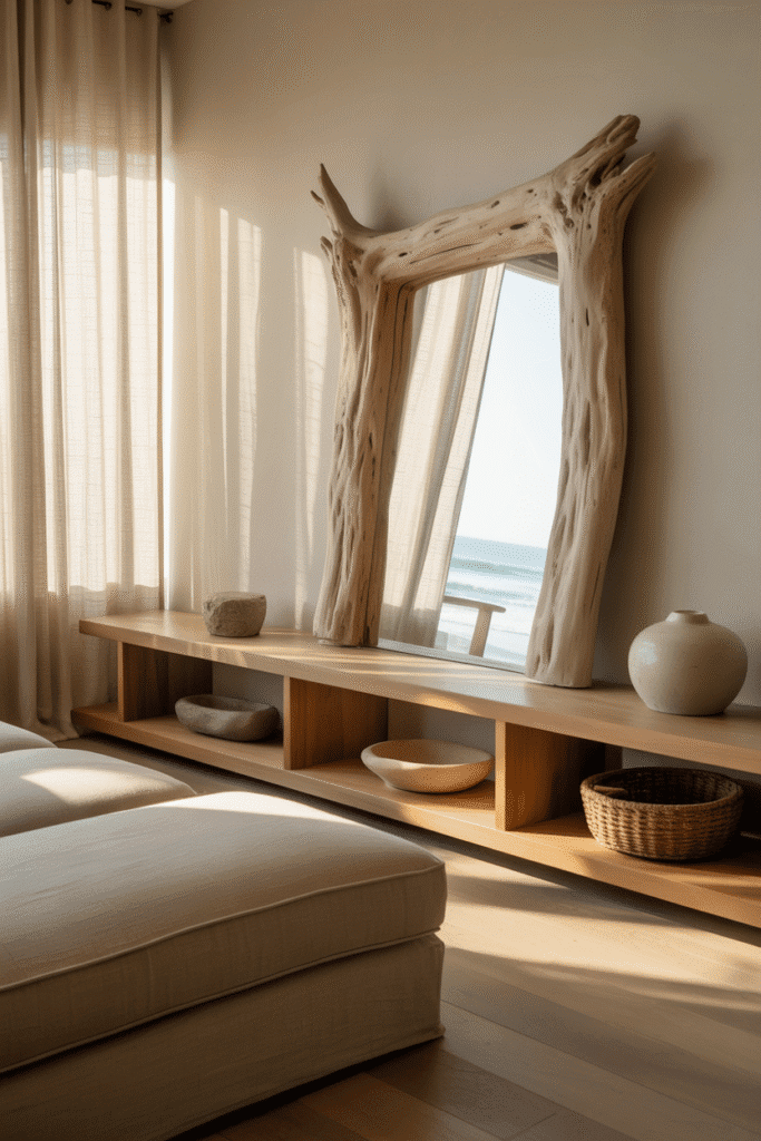 Minimalist organic modern living room with driftwood mirror, pottery, and neutral furnishings.