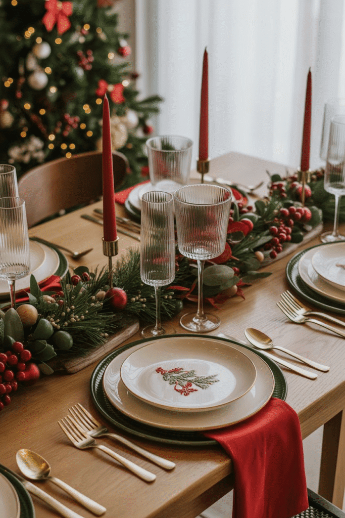 Classic Christmas dinner table setting with red and green décor and gold accents.