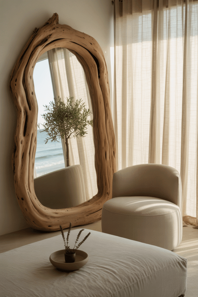 Minimalist organic modern living room with driftwood mirror, pottery, and neutral furnishings.