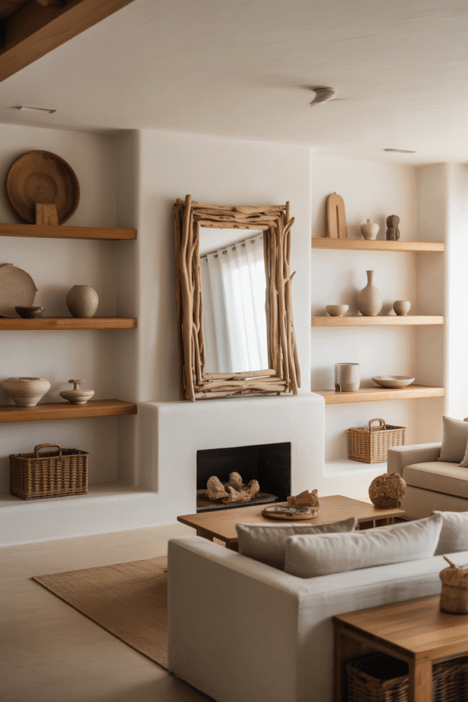 Minimalist organic modern living room with driftwood mirror, pottery, and neutral furnishings.