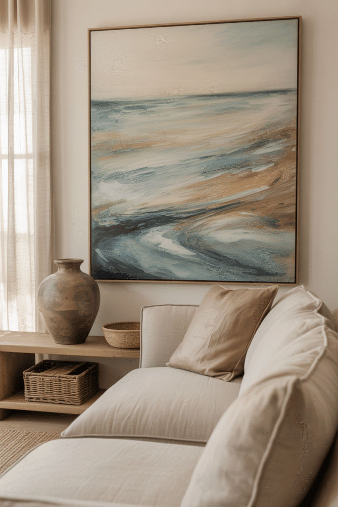 Beach house living room with abstract coastal artwork, neutral sofa, and earthy organic modern decor.