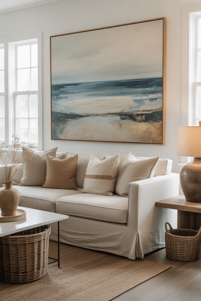 Beach house living room with abstract coastal artwork, neutral sofa, and earthy organic modern decor.