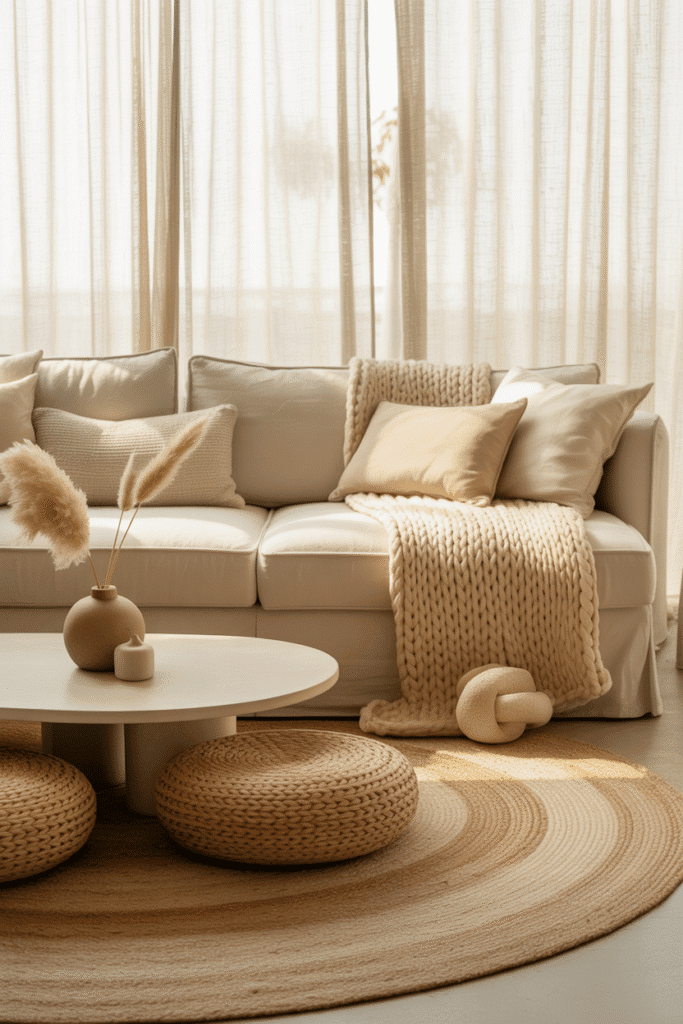 Organic modern living room with jute and wool layered rugs under a linen sofa and wooden coffee table.