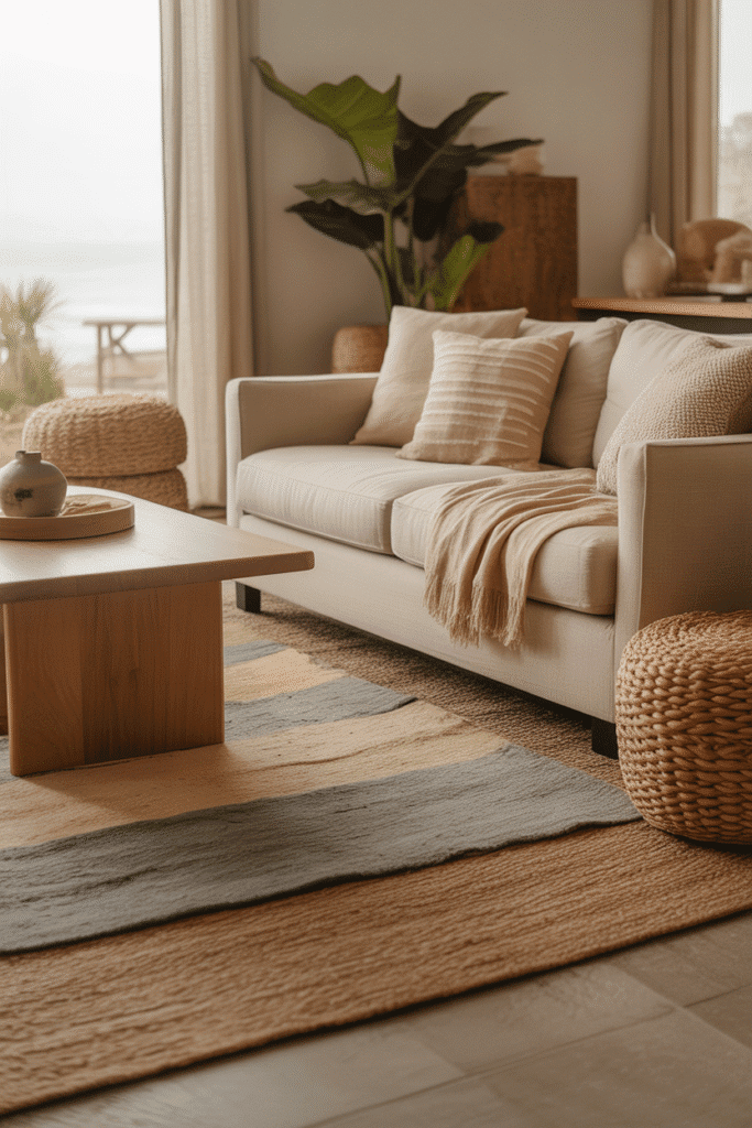 Organic modern living room with jute and wool layered rugs under a linen sofa and wooden coffee table.