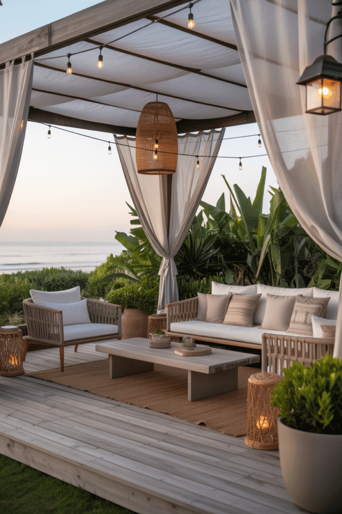Organic modern outdoor patio with wood deck, linen sofas, lanterns, and ocean view at sunset.