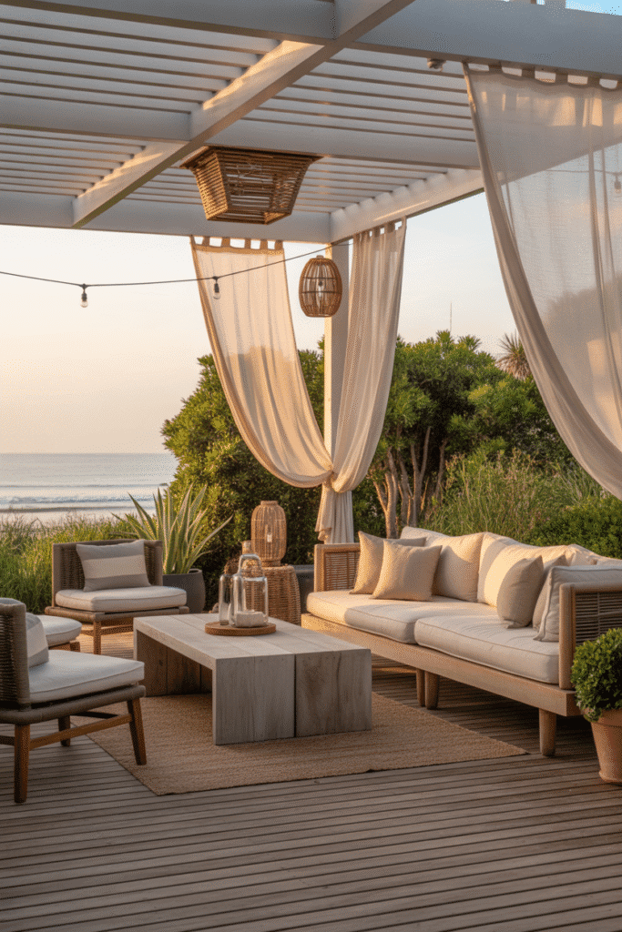 Organic modern outdoor patio with wood deck, linen sofas, lanterns, and ocean view at sunset.
