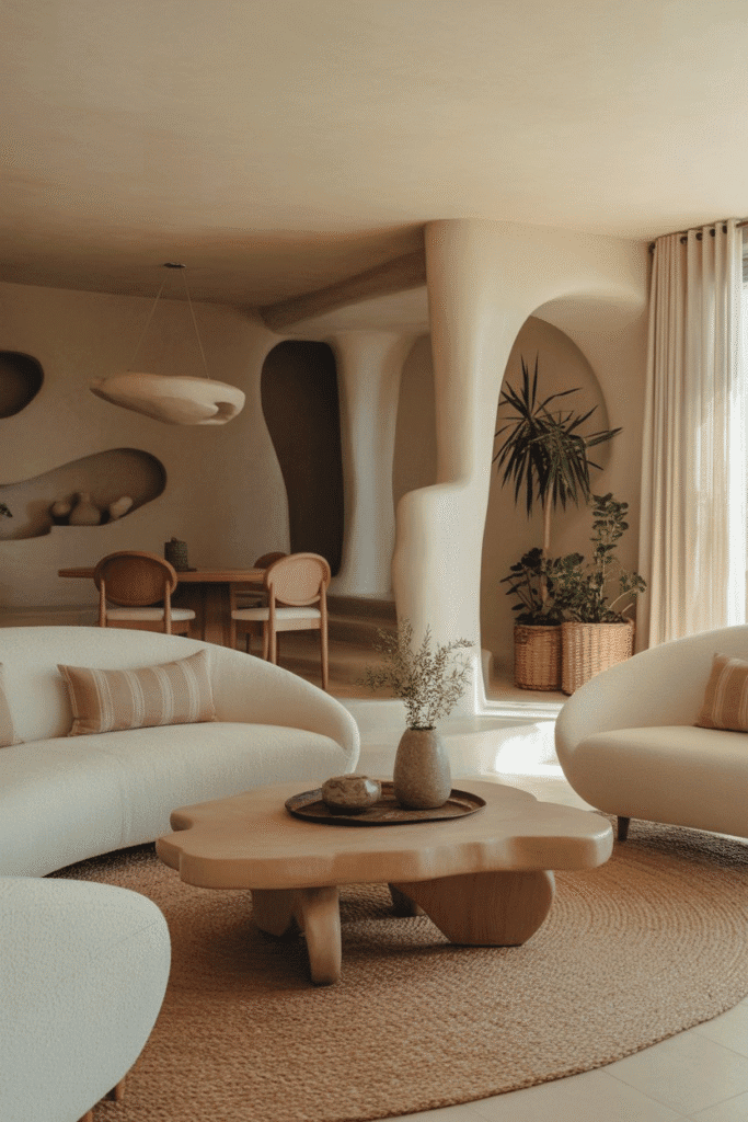 Beach house living room with rounded organic furniture in linen and wood, styled in organic modern design.