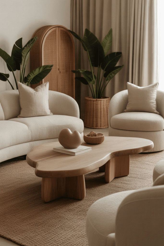Beach house living room with rounded organic furniture in linen and wood, styled in organic modern design.