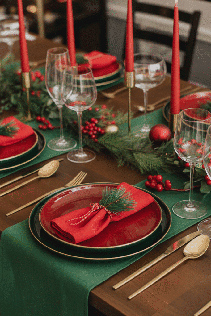 Classic Christmas dinner table setting with red and green décor and gold accents.