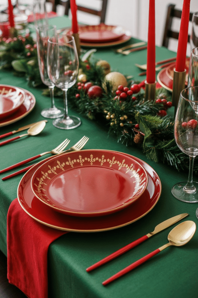 Classic Christmas dinner table setting with red and green décor and gold accents.