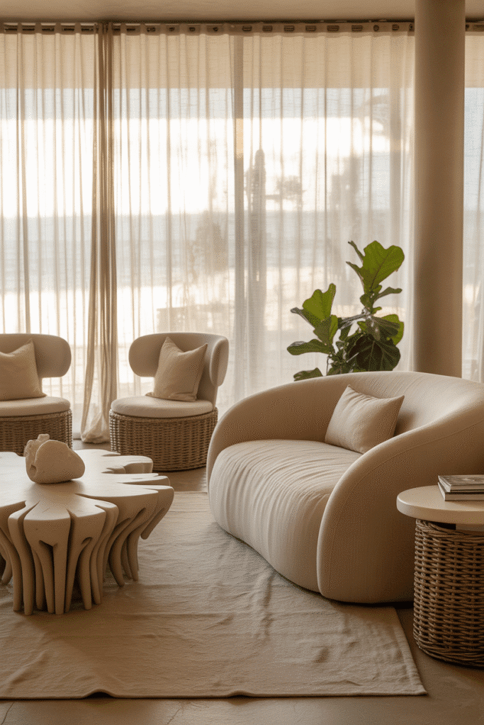 Beach house living room with rounded organic furniture in linen and wood, styled in organic modern design.