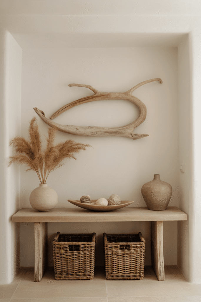 Organic modern beach house entryway with driftwood console, seashell bowl, and woven storage baskets.